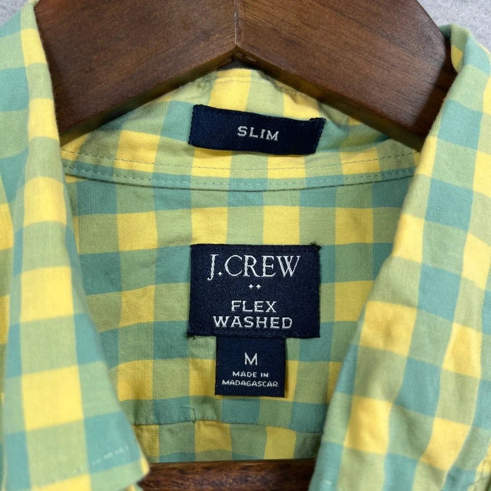 J.Crew Shirt Mens M Green Yellow Gingham Slim Fit Preppy Flex Washed Oxford